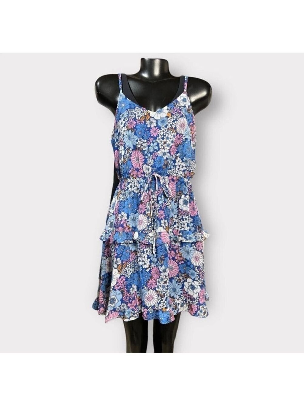 The General Good Tiered Floral Chiffon Mini Dress Blue Pink NWOT Size Small